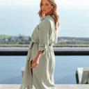 Green Large Long Sleeve Button-Up Shirt Dress with Front Pocket and Waist Tie