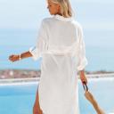 White Large Long Sleeve Button-Up Shirt Dress with Front Pocket and Waist Tie