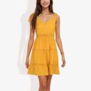  Sleeveless V-Neck Button Front Tiered Ruffle Mini Dress