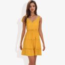 Yellow Large Sleeveless V-Neck Button Front Tiered Ruffle Mini Dress