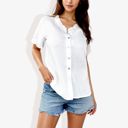  Ruffle Neck Detail Short Sleeve Textured Button Down Detail Blouse