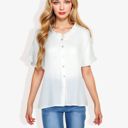  Ruffle Neck Detail Short Sleeve Textured Button Down Detail Blouse