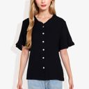 Black Large Ruffle Neck Detail Short Sleeve Textured Button Down Detail Blouse