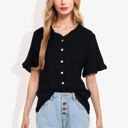 Black Large Ruffle Neck Detail Short Sleeve Textured Button Down Detail Blouse