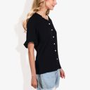 Black Large Ruffle Neck Detail Short Sleeve Textured Button Down Detail Blouse