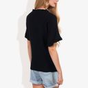 Black Large Ruffle Neck Detail Short Sleeve Textured Button Down Detail Blouse