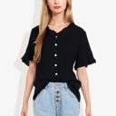 Black Large Ruffle Neck Detail Short Sleeve Textured Button Down Detail Blouse