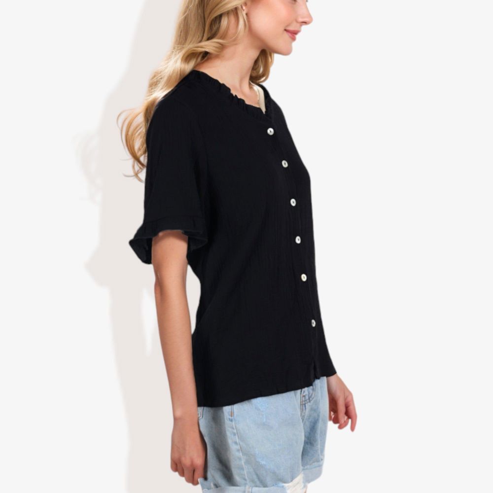 Ruffle Neck Detail Short Sleeve Textured Button Down Detail Blouse