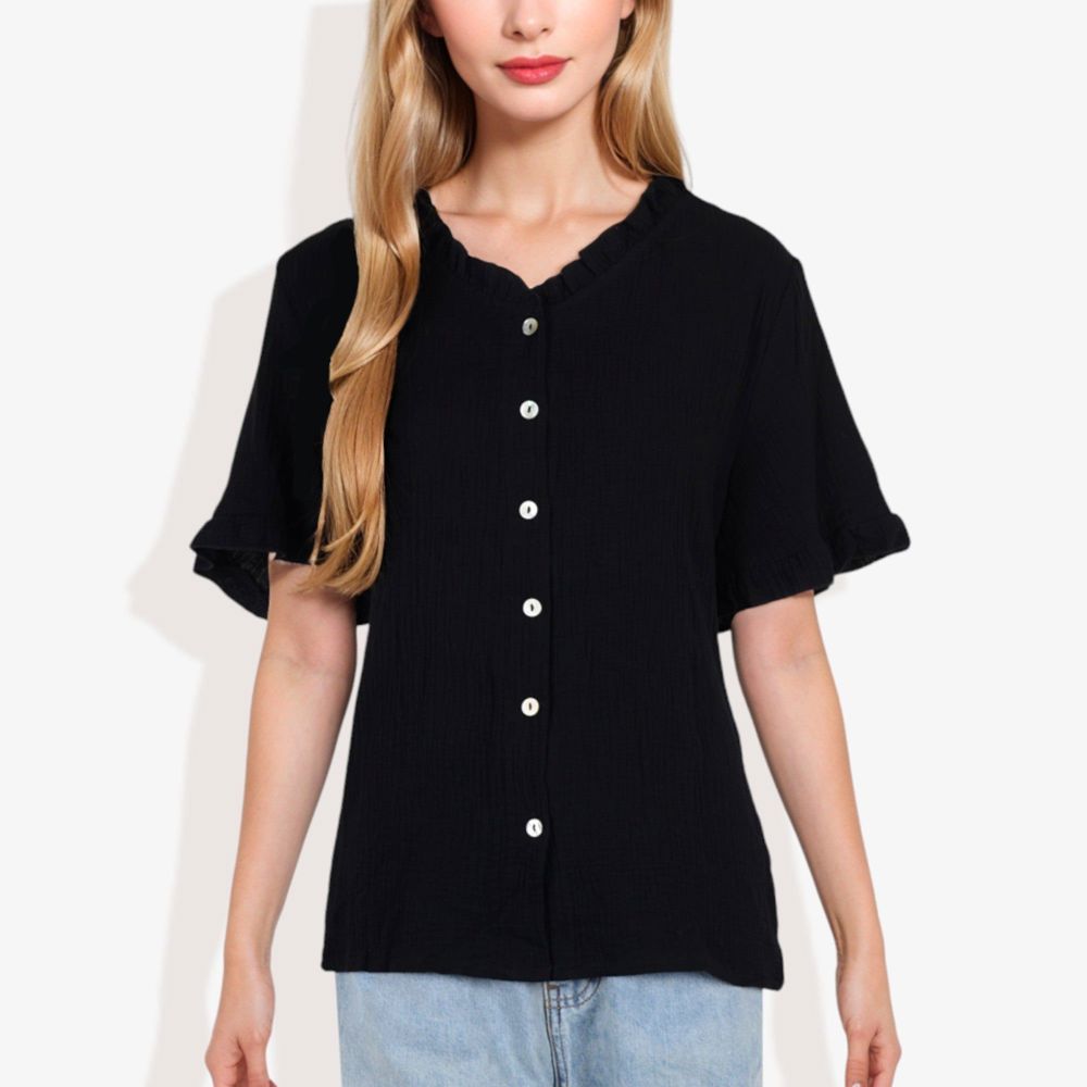 Ruffle Neck Detail Short Sleeve Textured Button Down Detail Blouse