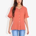 Red Large Ruffle Neck Detail Short Sleeve Textured Button Down Detail Blouse