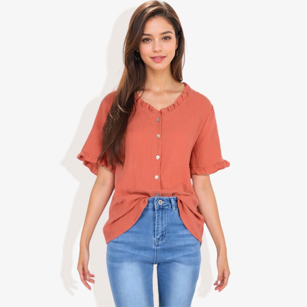 Ruffle Neck Detail Short Sleeve Textured Button Down Detail Blouse