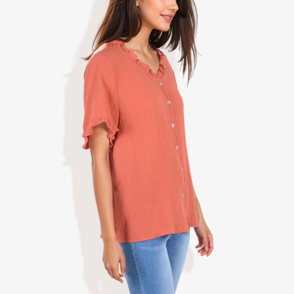 Ruffle Neck Detail Short Sleeve Textured Button Down Detail Blouse