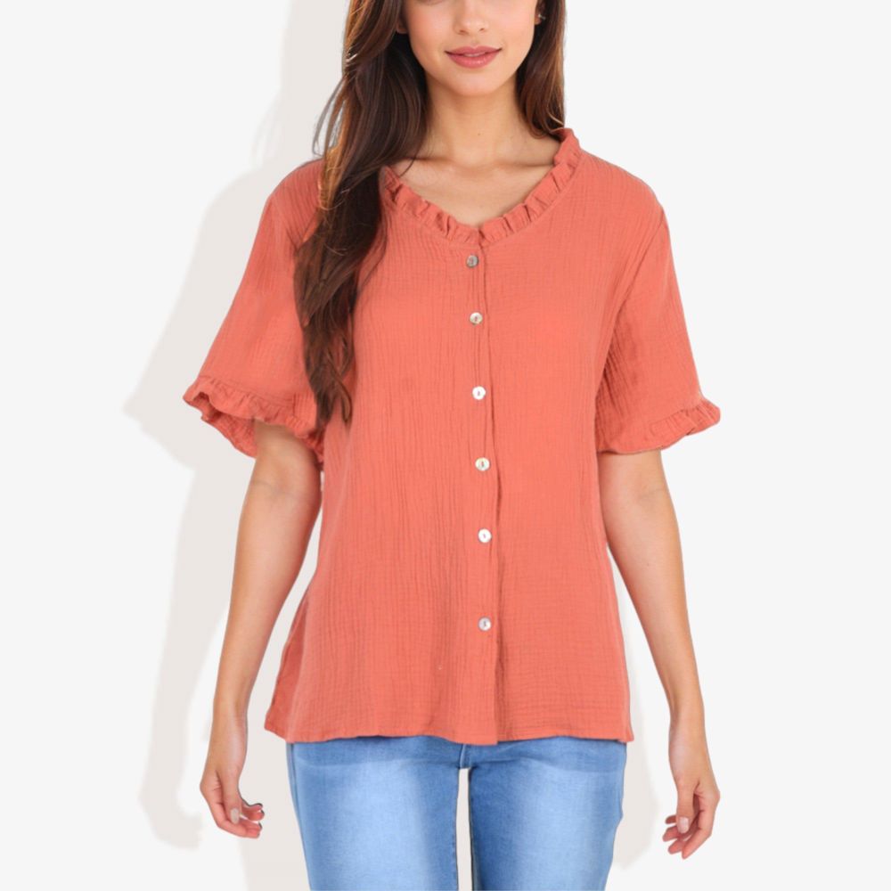 Ruffle Neck Detail Short Sleeve Textured Button Down Detail Blouse