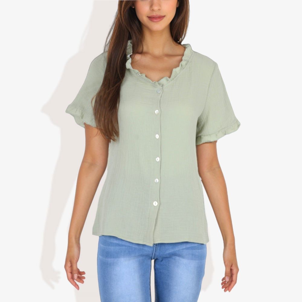 Ruffle Neck Detail Short Sleeve Textured Button Down Detail Blouse