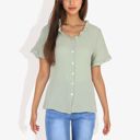 Green Large Ruffle Neck Detail Short Sleeve Textured Button Down Detail Blouse