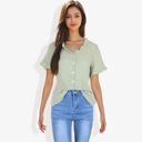 Green Large Ruffle Neck Detail Short Sleeve Textured Button Down Detail Blouse