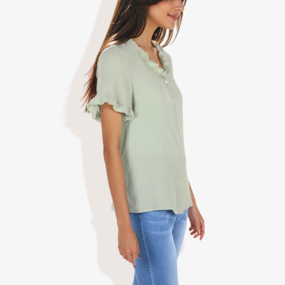 Ruffle Neck Detail Short Sleeve Textured Button Down Detail Blouse