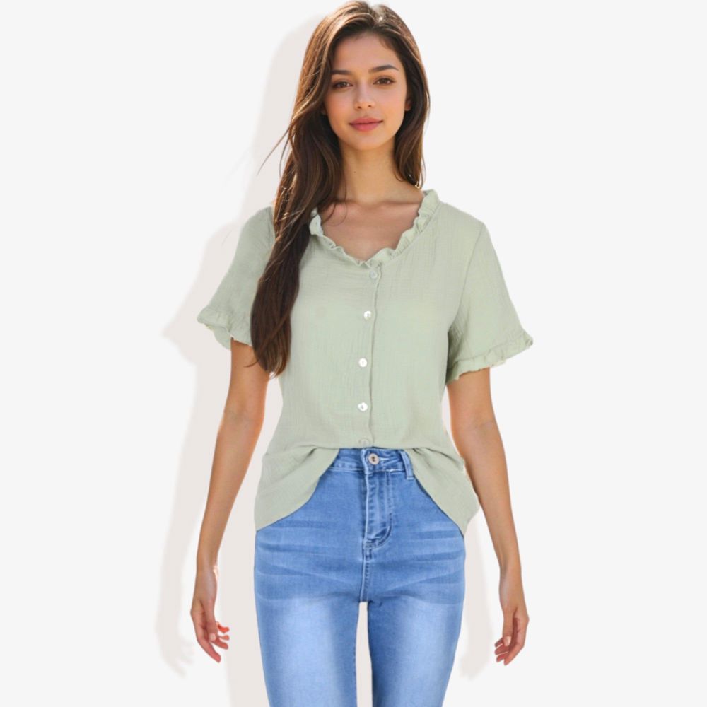 Ruffle Neck Detail Short Sleeve Textured Button Down Detail Blouse