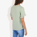 Green Medium Ruffle Neck Detail Short Sleeve Textured Button Down Detail Blouse