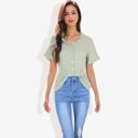 Green Medium Ruffle Neck Detail Short Sleeve Textured Button Down Detail Blouse