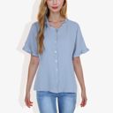 Blue Large Ruffle Neck Detail Short Sleeve Textured Button Down Detail Blouse