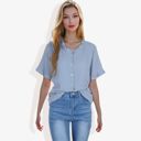 Blue Large Ruffle Neck Detail Short Sleeve Textured Button Down Detail Blouse