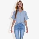 Blue Large Ruffle Neck Detail Short Sleeve Textured Button Down Detail Blouse