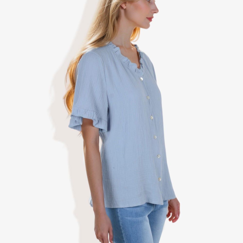 Ruffle Neck Detail Short Sleeve Textured Button Down Detail Blouse