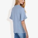 Blue Large Ruffle Neck Detail Short Sleeve Textured Button Down Detail Blouse