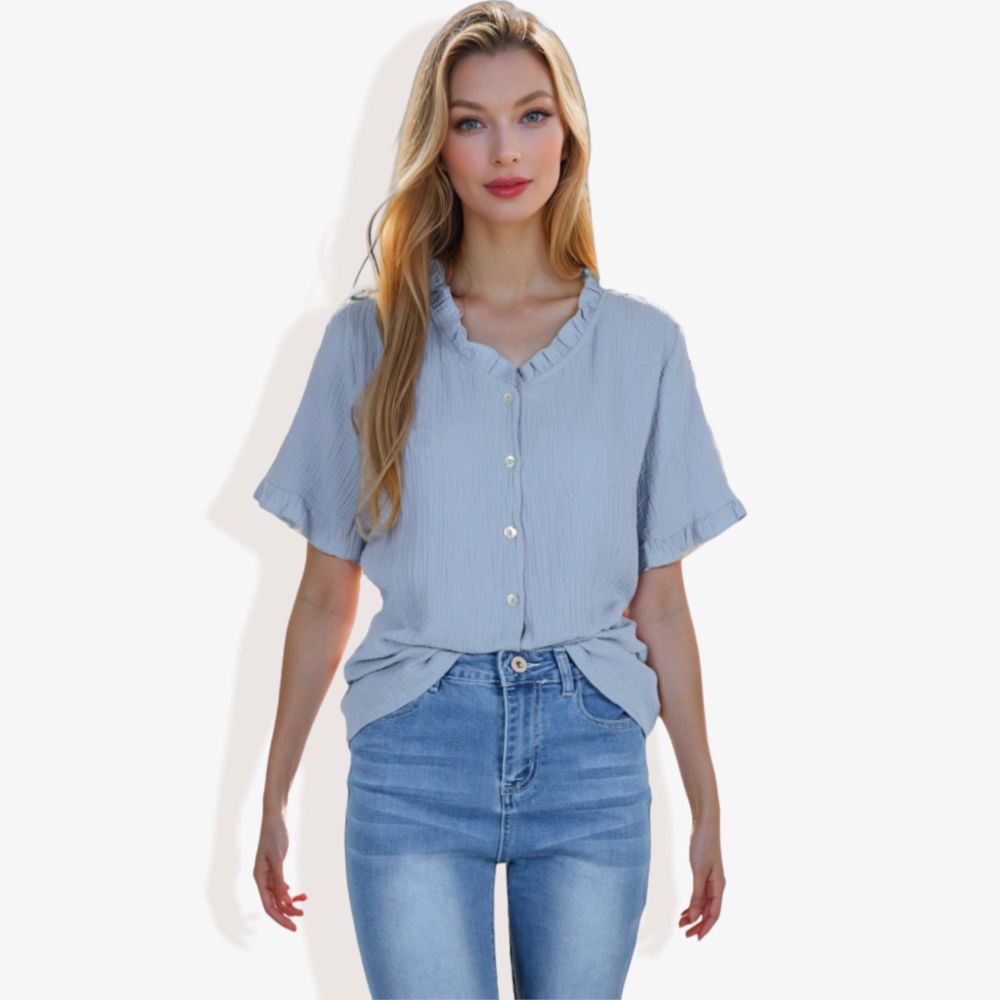 Ruffle Neck Detail Short Sleeve Textured Button Down Detail Blouse