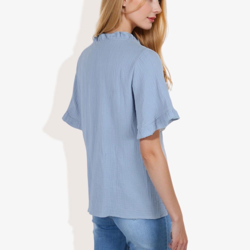 Ruffle Neck Detail Short Sleeve Textured Button Down Detail Blouse