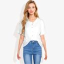 White Large Ruffle Neck Detail Short Sleeve Textured Button Down Detail Blouse