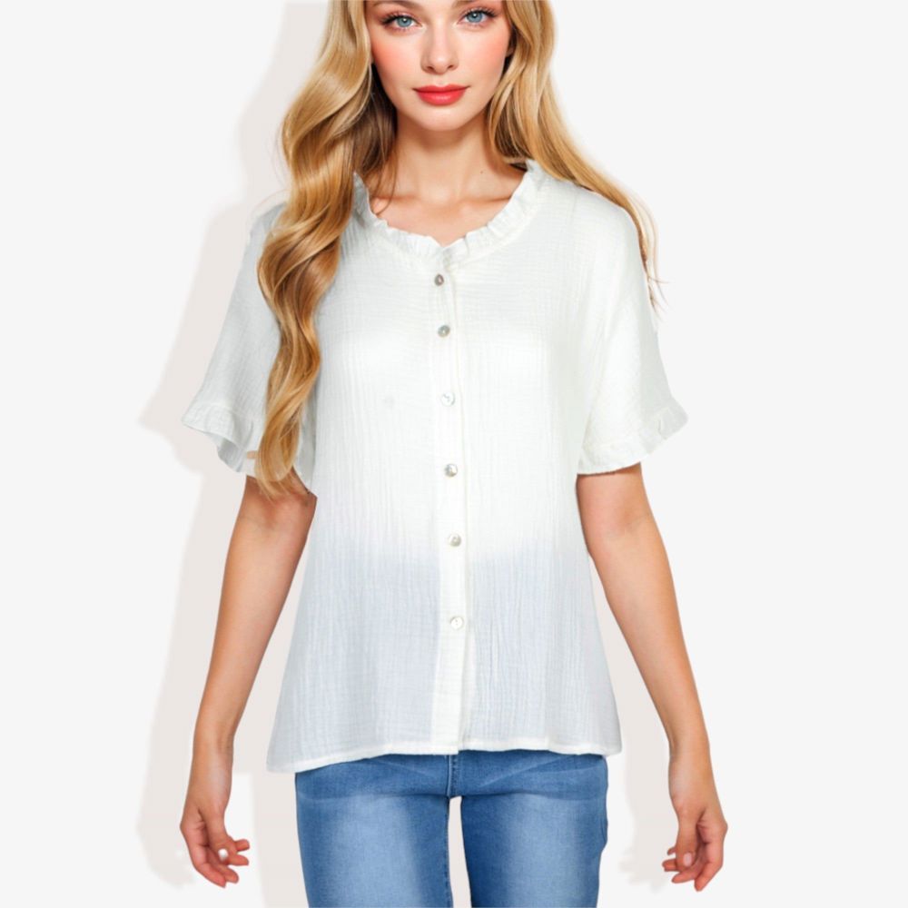 Ruffle Neck Detail Short Sleeve Textured Button Down Detail Blouse