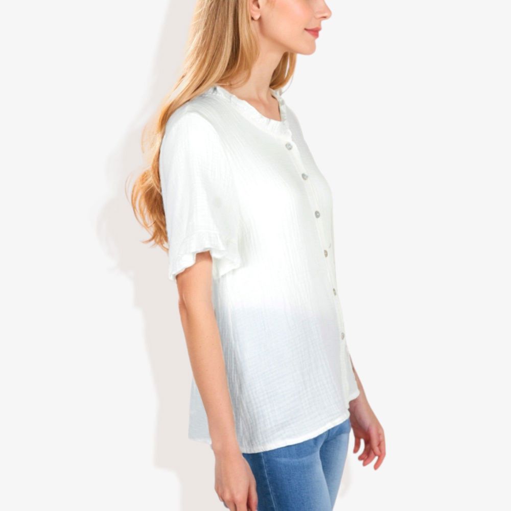 Ruffle Neck Detail Short Sleeve Textured Button Down Detail Blouse