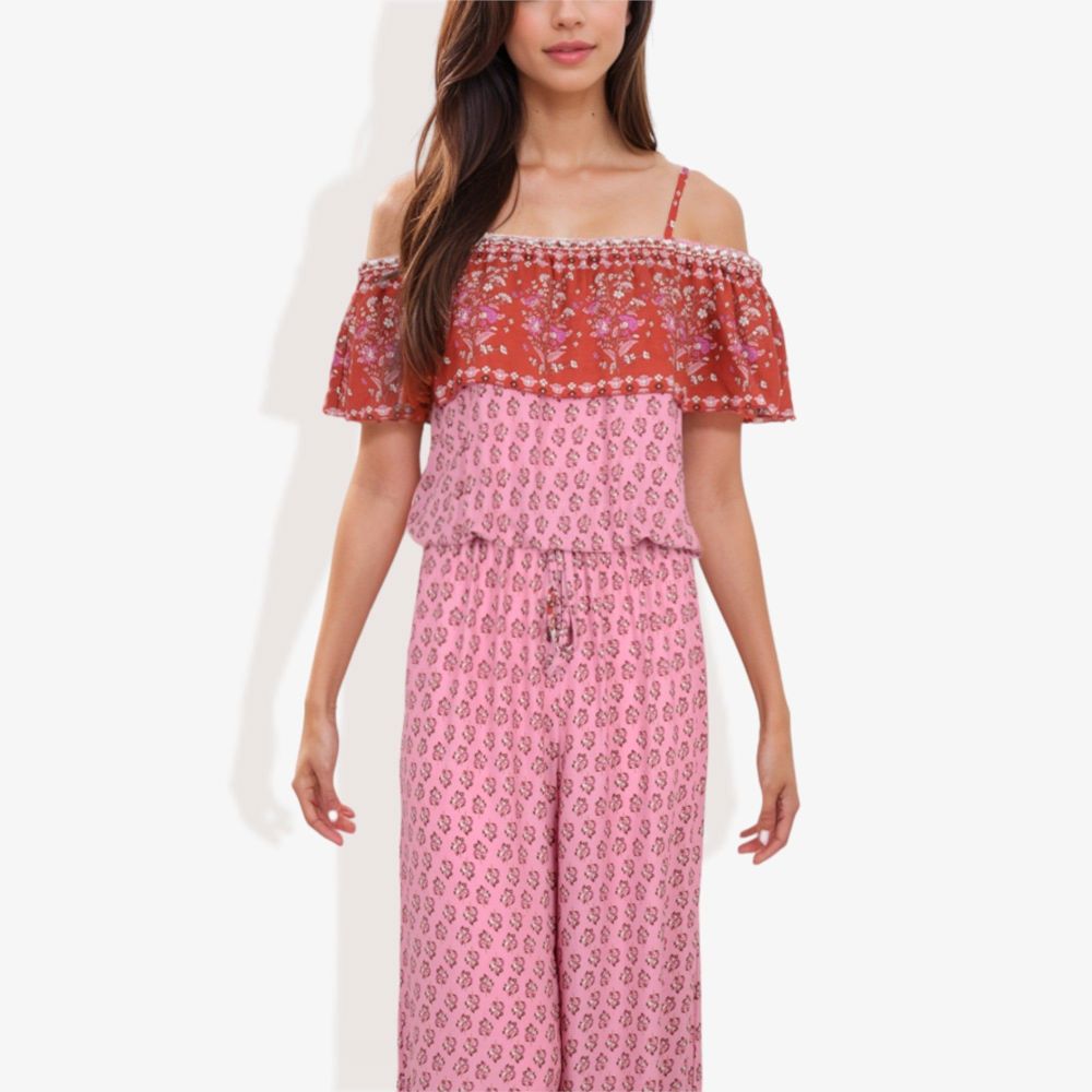 Off Shoulder Floral Print Ruffle Hem Jumpsuit