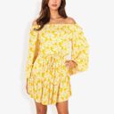  Off Shoulder Floral Print Dress With Balloon Sleeves And Ruffle Hem