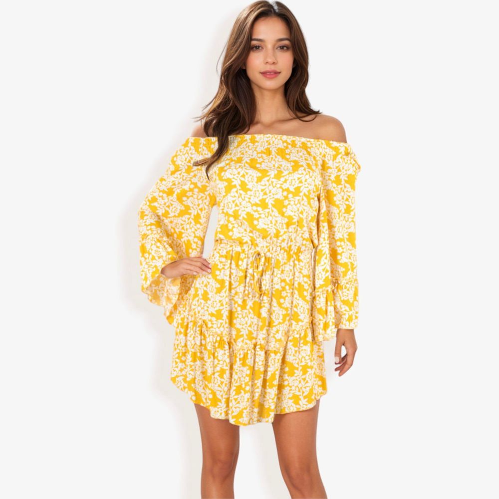 Off Shoulder Floral Print Dress With Balloon Sleeves And Ruffle Hem