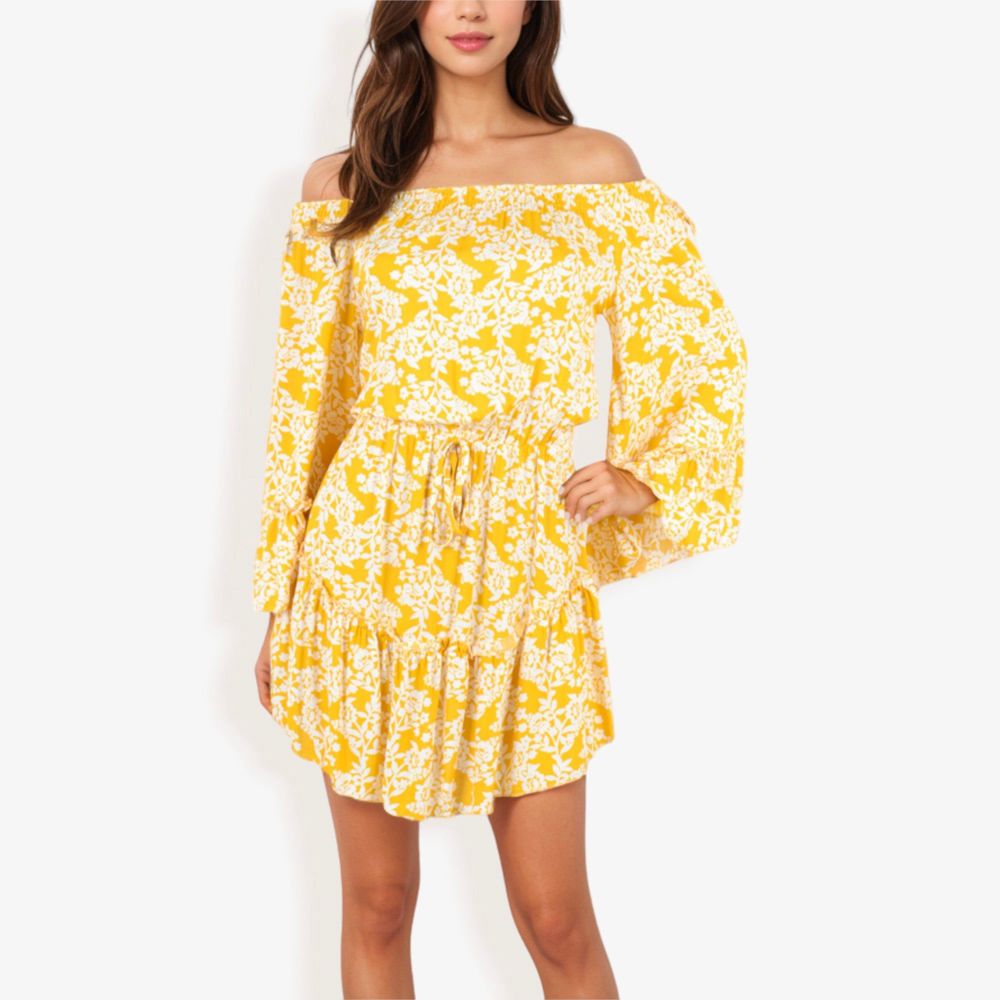 Off Shoulder Floral Print Dress With Balloon Sleeves And Ruffle Hem