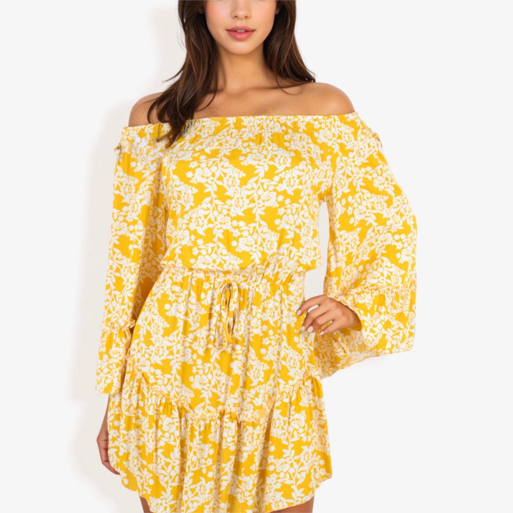 Off Shoulder Floral Print Dress With Balloon Sleeves And Ruffle Hem