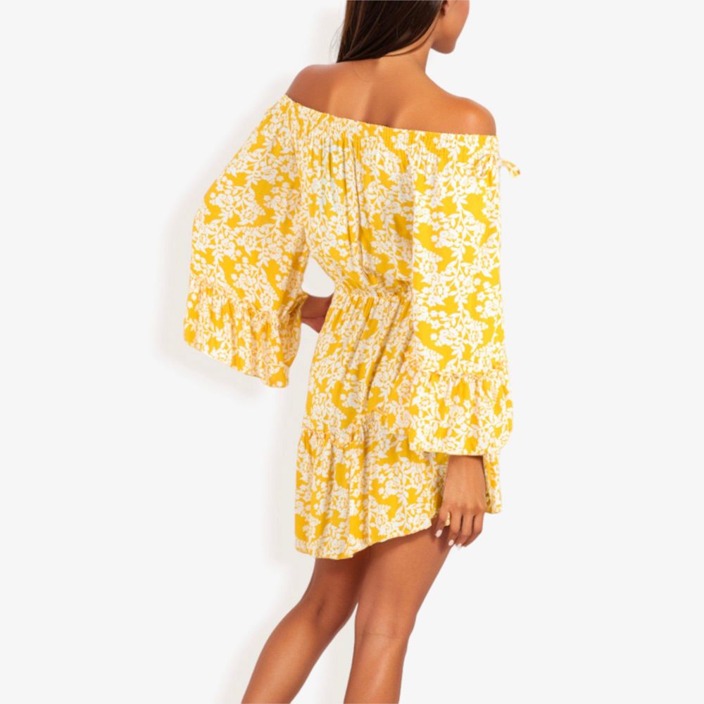 Off Shoulder Floral Print Dress With Balloon Sleeves And Ruffle Hem