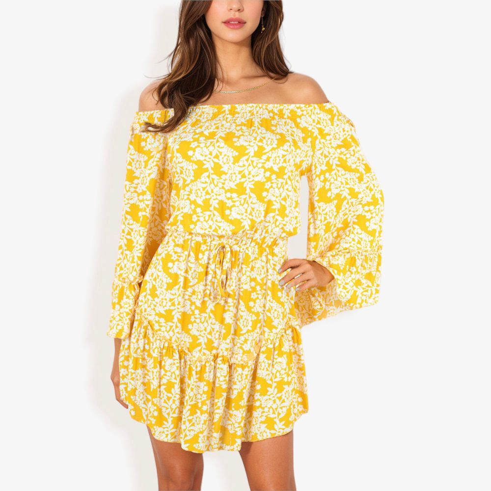 Off Shoulder Floral Print Dress With Balloon Sleeves And Ruffle Hem