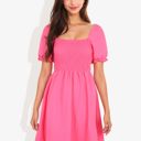  Smocked Chest Square Neck Puffed Short Sleeve Flared Midi Dress