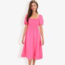  Smocked Chest Square Neck Puffed Short Sleeve Flared Midi Dress