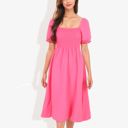 Pink Large Smocked Chest Square Neck Puffed Short Sleeve Flared Midi Dress