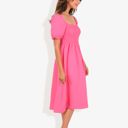 Pink Large Smocked Chest Square Neck Puffed Short Sleeve Flared Midi Dress