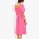 Pink Large Smocked Chest Square Neck Puffed Short Sleeve Flared Midi Dress