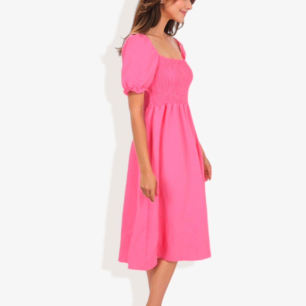 Smocked Chest Square Neck Puffed Short Sleeve Flared Midi Dress