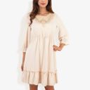 Beige Large Lace Detail Long Sleeve Ruffle Hem Dress