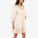 Beige Large Lace Detail Long Sleeve Ruffle Hem Dress