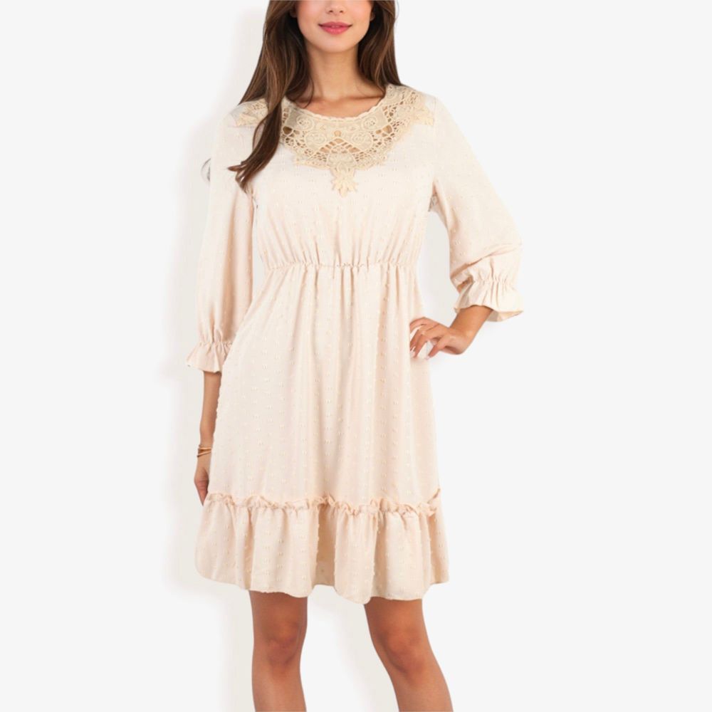 Lace Detail Long Sleeve Ruffle Hem Dress